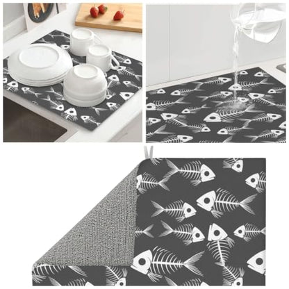 Nautical Fish Skeleton Silhouettes Dish Drying Mats for Kitchen Counter, Super Absorbent Microfiber Drainer Pad, Washable Reversible Appliance Protector, Everyday Kitchen Must-Have, 16x18 Inch - color: Nautical Fish Skeleton Silhouettes