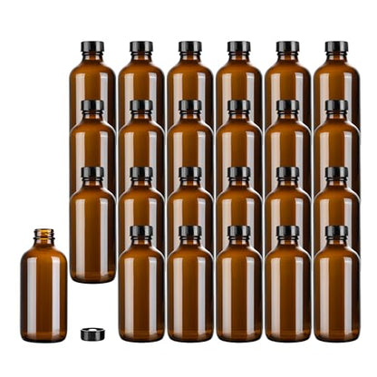 Restaurantware Vetri 8 Ounce Boston Glass Bottles, 12 Sample Bottles With Black Phenolic Caps - Dishwashable, Round, Amber Glass Bottle, For Potion, Juice, Ginger Shots, Whiskey, Liquids - color: Amber, size: 8 oz