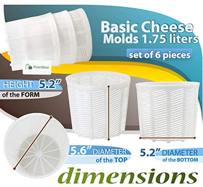 PetriStor 6 Pcs Soft Cheese Mold for Cheese Making 1.85QT - Cheese Making Mold - Cream Cheese Form Mold - Homemade Cheese Making Supplies - Molde para Queso Fresco Casero - Feta Cheese Making Basket