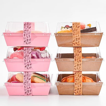 TECARATE Paper Charcuterie Boxes with Clear Lids and Stickers - 50 SETS 4 Inches Square Disposable Food Containers Bakery Boxes for Bakery, Macaron, Sandwich, Slice Cake, Cookies, Hot Cocoa Bombs - color: Brown
