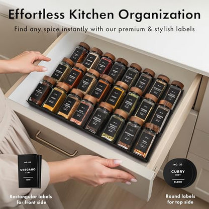 EDELHAUS Glass Spice Jars with Label, 36x Acacia Wooden Lids - Black Labels | Airtight acacia lids keep spices fresh; use as a spice organizer, seasoning containers or 4 oz jar set; funnel & 240 labels - color: 36x Acacia Jars Black Stickers