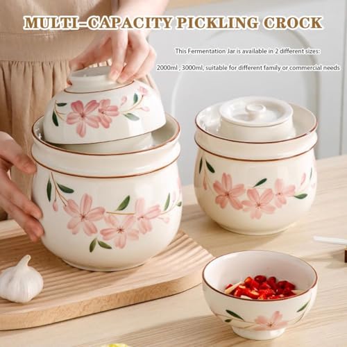 Hand-Painted Cherry Blossom Storage Jar, Double Lid Design Fermentation Crock, Household Water Seal Design Kimchi Jar, Ceramic Grain Container(2000ml) - size: 2000ml