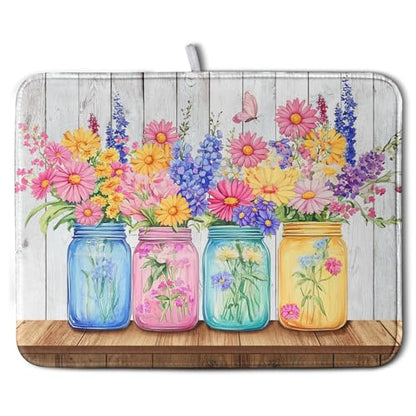 Daisy Dish Drying Mat for Kitchen Counter Spring Summer Flowers Vases Dishes Pad Microfiber Absorbent Dish Draining Mats Rustic Farmhouse Floral Wooden Board Dish Drainer Rack Mat 18x24 Inch - size: 18" x 24"