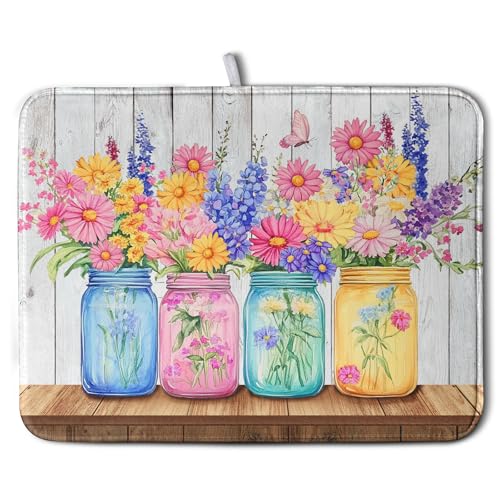 Daisy Dish Drying Mat for Kitchen Counter Spring Summer Flowers Vases Dishes Pad Microfiber Absorbent Dish Draining Mats Rustic Farmhouse Floral Wooden Board Dish Drainer Rack Mat 18x24 Inch - size: 18" x 24"