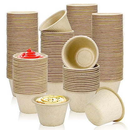 LeonBach 150 Pack 4oz Natural Bagasse Fiber Sauce Cups, Compostable Small Disposable Paper Dipping Bowls Biodegradable Condiment Portion Sample Snack Charcuterie Serving Tasting Cups - color: Brown, style: 4oz-150 Pack