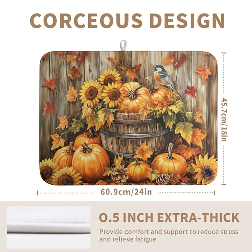 Fall Pumpkin Dish Drying Mat Autumn Maple Leaves Thanksgiving Large Kitchen Mats Dish Drying Pad Absorbent Dish Dryer Mat for Kitchen Countertops Microfiber Drainer Pad Dish Drying Mats (18x24 in)