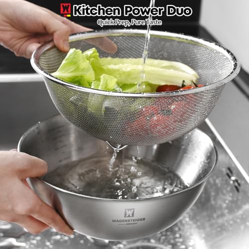 WAGENSTEIGER Stainless Steel Mixing Bowl and 3-Legged Colander Set, Multipurpose Kitchen Basket with Fine Mesh Colander, Salad Mixing Bowl with Strainer, Rinsing Vegetables & Fruits (24cm / 9.45") - size: 9.45 inches