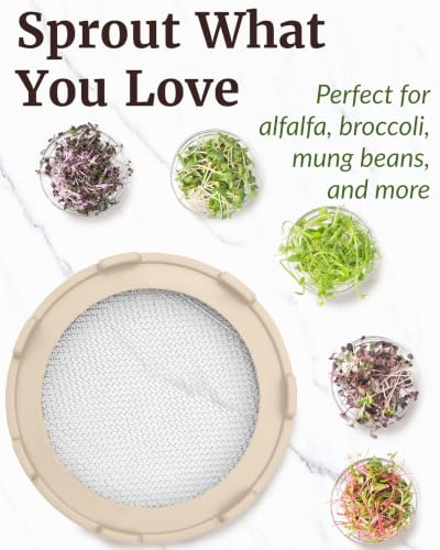 Elementi Sprouts Growing Kit for Wide Mouth Mason Jars, Set of 2 Sprouting Lids for Organic Alfalfa & Mung Bean Sprouts Grow Kit, 316 Stainless Steel Mesh Screen Strainer Lid (Sage Green) - color: Oat Cream