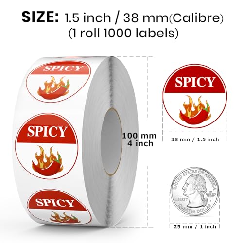 1000 Pcs Spicy Stickers Roll 1.5 Inch Hot Chili Pepper Food Warning Round Labels Self Adhesive Waterproof Caution Circle Label for Grocery Store Restaurants Packaging Kitchen - style: Red Spicy-1000 PCS