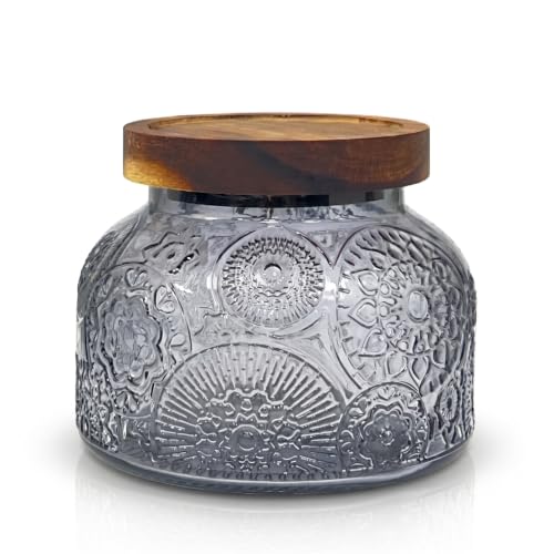 Decorative Grey Glass Jar with Airtight Wooden Lid, 25.4 oz | BPA Free, Airtight Acacia Wood Lid with Silicon Gasket, Vintage Decor, Countertop Storage Container, Gift for Men & Women - size: 25.4 Ounces, style: Grey Flower
