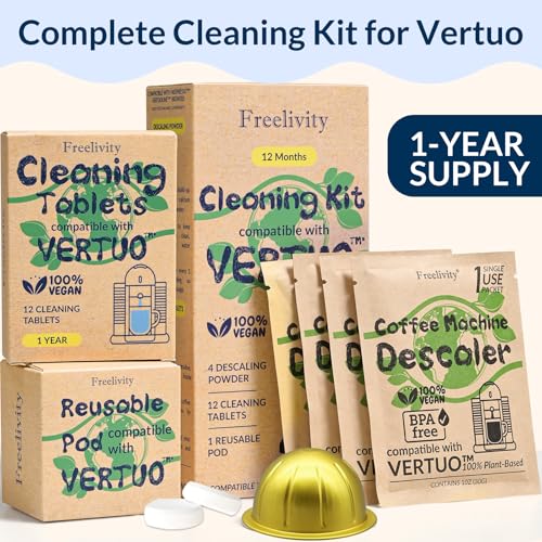 Nespresso Compatible Vertuo Cleaning & Descaling Kit – 12 Month Supply - Includes 4 Descaling Powder Solution, 12 Cleaning Tablets, 1 Reusable Pod, Eco-Friendly Vertuoline Maintenance Kit