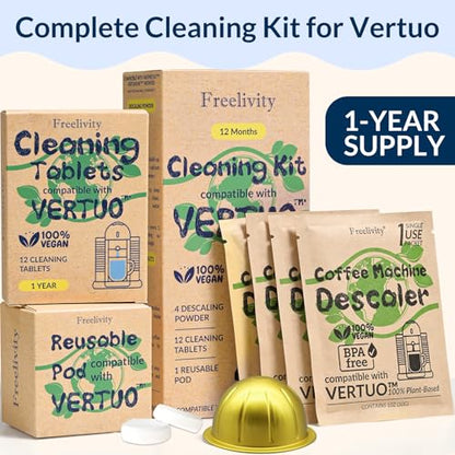 Nespresso Compatible Vertuo Cleaning & Descaling Kit – 12 Month Supply - Includes 4 Descaling Powder Solution, 12 Cleaning Tablets, 1 Reusable Pod, Eco-Friendly Vertuoline Maintenance Kit