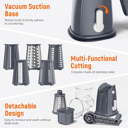 Rotary Cheese Grater Hand Crank with 5 Interchangeable Blades, Vegetable Slicer Chopper for Fruit Vegetable Nuts, Mandoline Slicer for Kitchen with Blades Rack & Suction Base, Grey - color: Gray