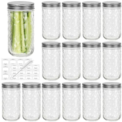 CycleMore 15 Pcs 12oz Mason Jars With One Piece Silver Metal Lids, Canning Jars Glass Regular Mouth Jar for Honey, Jam, Jelly, Wedding Favors, Kitchen Food Storage - size: 12oz - 15 Pack