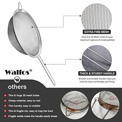 Walfos Large Fine Mesh Strainer 9.35" & 7.8", Stainless Steel Mesh Sieve with Sturdy Handle, Kitchen Metal Food Strainers for Quinoa, Rice, Pasta, Fruits, Vegetables, etc., Set of 2 - size: 9.35", 7.8" (2pcs)