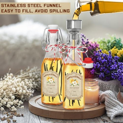 10 Pack Swing Top Glass Vanilla Extract Bottles 8 oz with Lids, Vanilla Labels & Funnel, Boston Square Bottles for Homemade Syrup, DIY Gifts, Flip Top Jars for Extract - color: 10PC 8oz Square Bottle