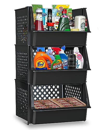 XLarge Stackable Storage Bins Open Front for Pantry Storage, 3 Pack - Black | Sturdy Plastic, Easy Stacking, Open Front Access, Ventilated Sides, Vertical & Space Saving Pantry Organizers and Storage Bin - color: Black, size: 3 Pack