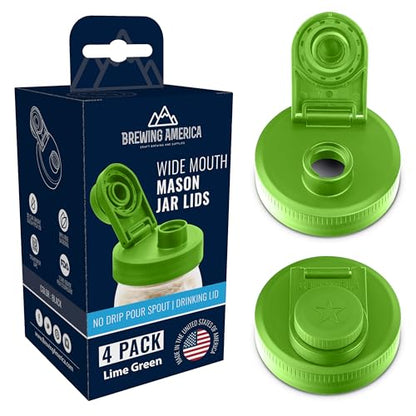 Mason Jar Lids Wide Mouth Plastic 4 Pack - With Flip Cap Screw Top Pouring Spout and Drink Hole - Fits Kerr and Ball Canning Jars - Wet/Dry Food and Liquid Storage - MADE IN USA (Lime Green) - color: Lime Green