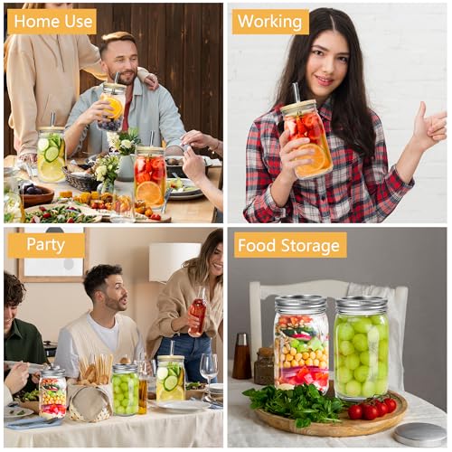 16oz Glass Mason Cup with Bamboo Lids, 2Pack Wide Mouth Mason Jars | Boba Cups with Lids and Straw, for Iced Coffee Juice Milkshake Tea - size: 2Pack 16oz