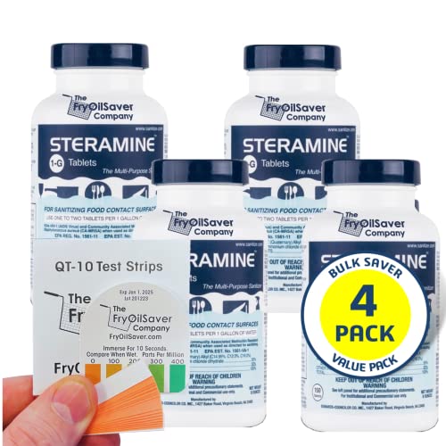 4 Bottles Steramine Sanitizer Tablets - 15x QT-10 Test Strip - Multi Purpose Sanitizing Tablets for Food Contact Surface, Kitchen, Restaurant Cleaning & Commercial Use by FryOilSaver (600 Count)