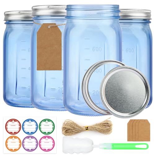 CARBLIN 4 Pack Mason Jars 32 oz, Blue Wide Mouth Canning Jars with Airtight Lids, Glass Pint Jars with Bands Labels Brush, Large Storage Quart Jars for Jam Fermenting Preserving - color: Blue