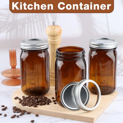 CARBLIN 4 Pack Mason Jars 32 oz, Amber Wide Mouth Canning Jars with Airtight Lids, Glass Pint Jars with Bands Labels Brush, Large Storage Quart Jars for Jam Fermenting Preserving - color: Amber
