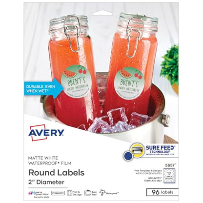 Avery Durable Waterproof Labels, Sure Feed Technology, 2" Diameter, Matte White, Laser/Pigment-Inkjet Printable, 96 Blank Labels, Great for Food Containers, Product Merchandising, and More (5657)
