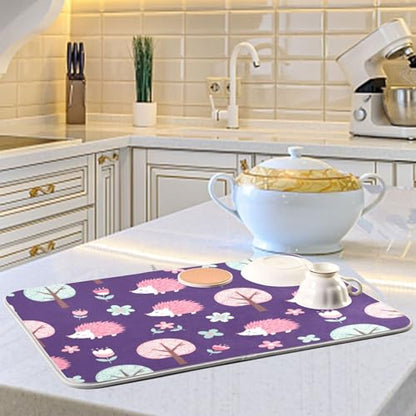 Hedgehog Flower Trees Purple Dish Drying Mat for Kitchen Counter Super Absorbent Draining Mat with Non-slip Backed Dish Rack Pad for Sinks Countertops Draining Racks Dish Bottles Cups Bowl