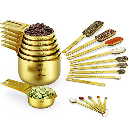 Wildone Gold Measuring Cups & Spoons Set of 21 - Includes 7 Stainless Steel Nesting Measuring Cups, 8 Measuring Spoons, 1 Leveler & 6 Mini Measuring Spoons, Ideal for Dry & Liquid Ingredients - color: Gold