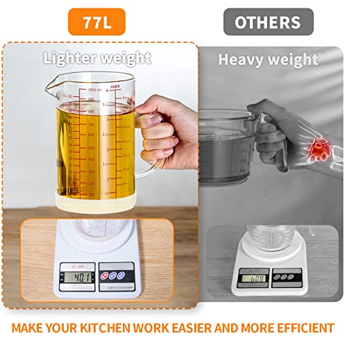 77L Glass Measuring Cup, 4-Cup/1000 ML Liquid Measuring Cups, Measuring Cup With Handle and V-Shaped Spout, Glass Beaker with Three Scales (OZ, Cup, ML), Dishwasher/Freezer/Microwave Safe - size: 4 Cup / 1000 mL