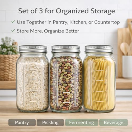 Glyntrof 64 oz Mason Jars Wide Mouth with Airtight Lids, 2 Quart Glass Canning Jar for Fermenting, Pickling and Food Storage, Pack of 3 - color: 64oz-3 pcs