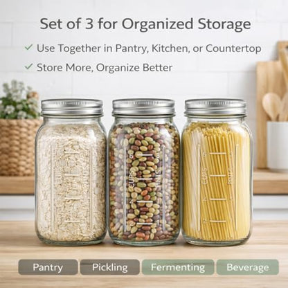 Glyntrof 64 oz Mason Jars Wide Mouth with Airtight Lids, 2 Quart Glass Canning Jar for Fermenting, Pickling and Food Storage, Pack of 3 - color: 64oz-3 pcs
