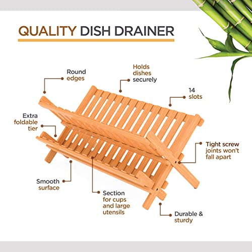Bambüsi Collapsible Dish Drying Rack - 2 Tier Bamboo Dish Rack Dish Drainer for Kitchen Counter, Foldable Wooden Drying Rack for Plates Cups Bowls Utensils, No Assembly Folding Rack for Apartment, RV - style: Dish Rack