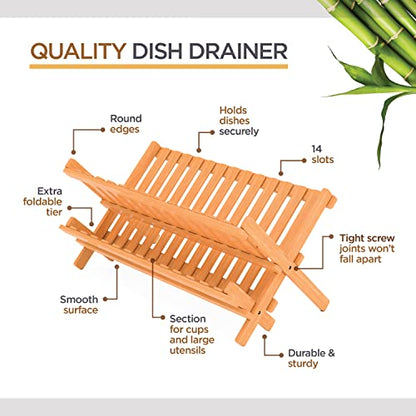 Bambüsi Collapsible Dish Drying Rack - 2 Tier Bamboo Dish Rack Dish Drainer for Kitchen Counter, Foldable Wooden Drying Rack for Plates Cups Bowls Utensils, No Assembly Folding Rack for Apartment, RV - style: Dish Rack