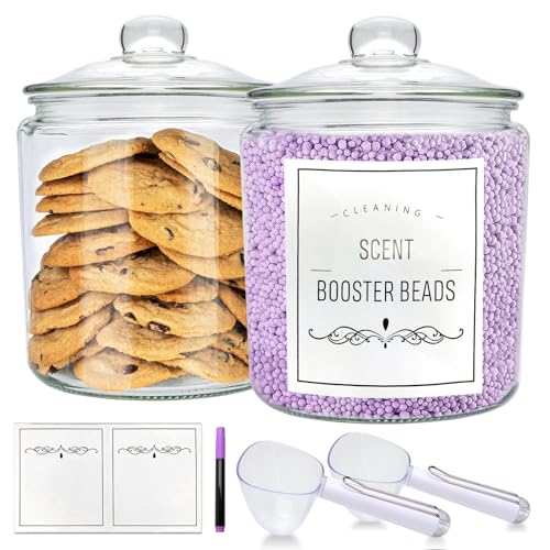1 Gallon Glass Jars with Lids and Scoops,Clear Glass Storage Containers with Labels for Laundry Room Organization,Large Glass Canisters Set for Kitchen Pantry,Laundry Supplies,Bathroom,2 Pack