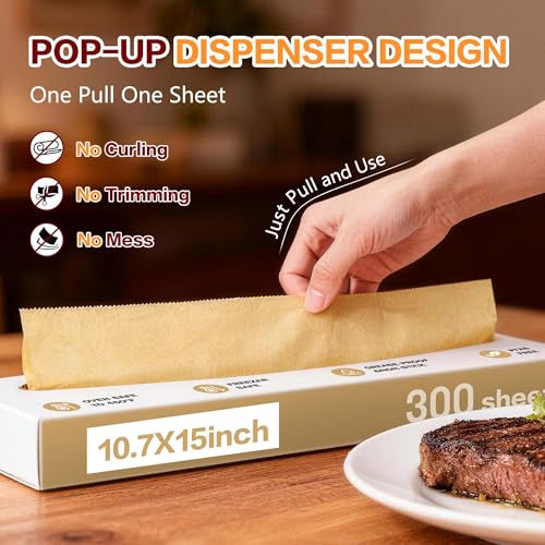 Tchrules Pop Up Parchment Paper Sheets 300 Pack 10.7x15 Inch | Pre Cut Sheets | Non Stick | Unbleached | 450°F Heat Safe | Air Fryer & Baking Use