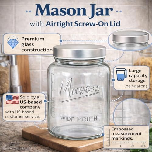 Kitchentoolz 64 oz Mason Jars Wide Mouth 2-Pack – Half Gallon Glass Jar with Lid – 1/2 Gallon Large Mason Jars with Lids for Food Storage, Canning, and Fermenting - size: Pack of 2