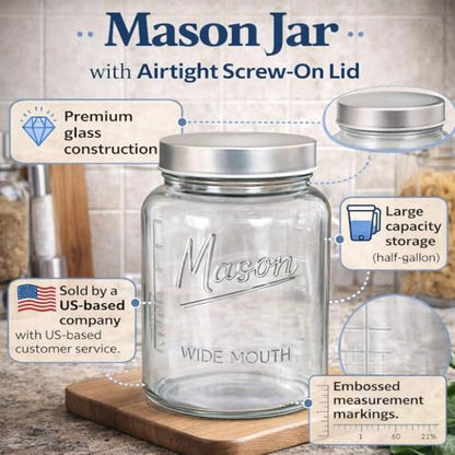 Kitchentoolz Half Gallon Glass Mason Jars with Extra Wide Mouth & Metal Lids - Airtight Food Storage & Canning Jars with Measurement Markings - 1/2 Gallon Mason Jar (4pk) - size: Pack of 4