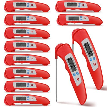 Xuhal 12 Pcs Digital Meat Thermometer with Probe Waterproof Instant Read Foldable Food Thermometer with Magnet for Kitchen Grilling Cooking Turkey Baking BBQ(Red) - color: Red