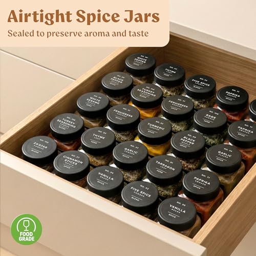 EDELHAUS Glass Spice Jars with Labels (24 x 4oz) Spice Containers with 240 Labels, Shaker Inserts, Funnel, Empty Square Empty Square Seasoning Organizer (Black Lids) - color: Black Lid