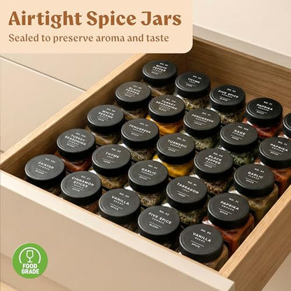 EDELHAUS Glass Spice Jars with Labels (24 x 4oz) Spice Containers with 240 Labels, Shaker Inserts, Funnel, Empty Square Empty Square Seasoning Organizer (Black Lids) - color: Black Lid