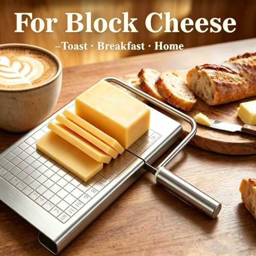 Wire Cheese Slicer & Cutter for Block Cheese & Butter — Stainless Steel Blade with Measuring Grid for Adjustable Thickness, No Wire Replacement Needed, Dishwasher Safe