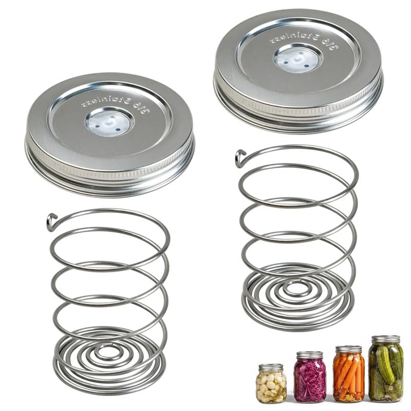 Stainless Steel Fermentation Lids Kit with Springs and Silicone Airlock for 16/24/32/64Oz Wide Mouth Mason Jars, Fermenting Set for Pickling, Kimchi, Kombucha & Sauerkraut，2PCS - color: 2PCS