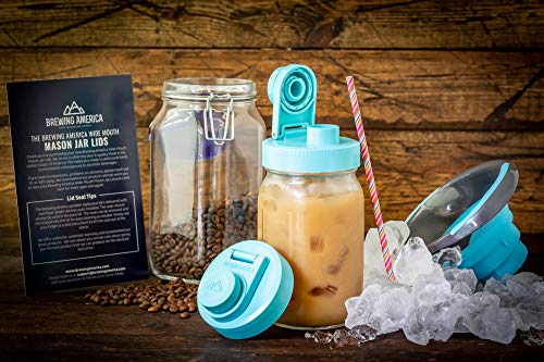 Brewing America Glass Mason Jar Pitcher with Lid, 1 Quart (32 oz) with Teal Wide Mouth Pour Lid, for Smoothie, Boba Cup, Sun Tea, Cold Coffee Glass Tumbler, 2-Pack - color: Teal