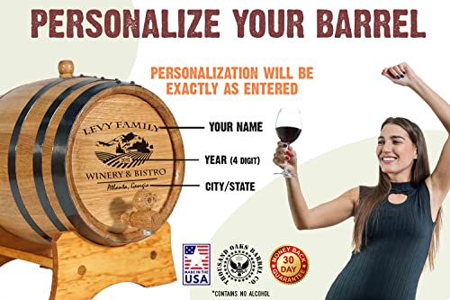 Personalized 1 Liter Oak Aging Barrel with Stand, Bung, and Spigot - Age Wine, Cocktails, Bourbon, Whiskey, Beer and More! Laser Engraved Bistro Design (B314) - size: 1 Liter
