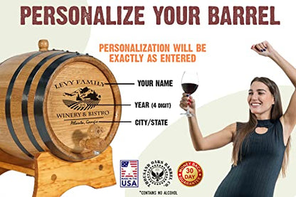 Personalized 1 Liter Oak Aging Barrel with Stand, Bung, and Spigot - Age Wine, Cocktails, Bourbon, Whiskey, Beer and More! Laser Engraved Bistro Design (B314) - size: 1 Liter