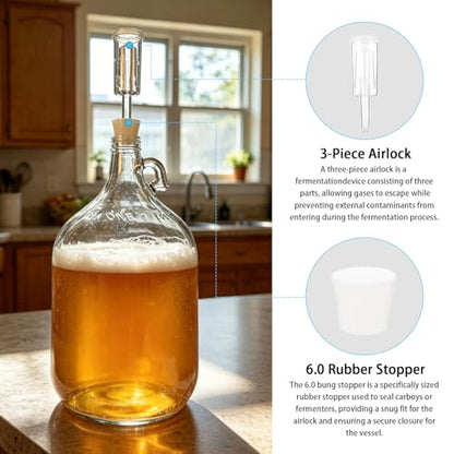 2pcs 1Gallon Glass Bottle- 2pcs Rubber Bungs & 2-Piece Airlocks – Fermentation Jars for Home Brewing, Clear Glass Fermenter Containers for Liquid Fermentation