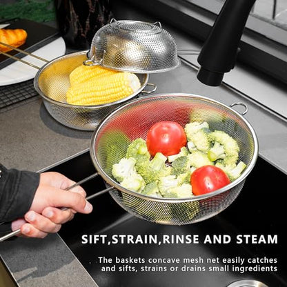 Metal Fine Mesh Strainer and Colander for Kitchen with Handle, Stainless Steel Pasta Strainer/Kitchen Funnel/Collander/Sifter for Strain/Wash Vegetables, Fruits, Spaghetti, Rice (10.2＂) - size: 10.2＂