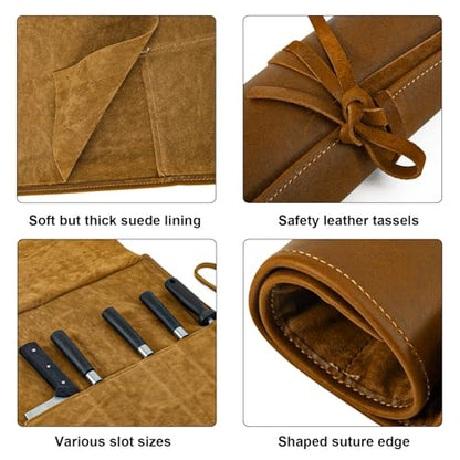 Genuine Leather Knife Roll, Knife Bags for Chefs Professional, Small Chef'S Knife,Knives Holders Protectors with 5 Slots - color: 5 Slots Dark Brown
