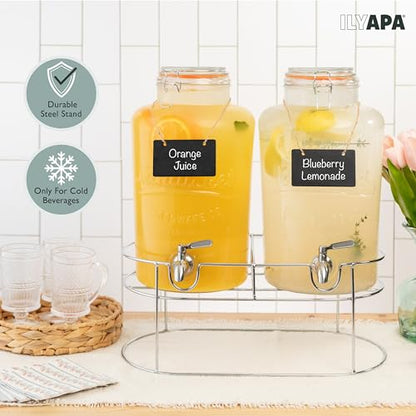 Ilyapa 2 pack 2 Gallon Glass Beverage Dispenser with Stand- Wide Mouth Mason Jar Drink Dispensers with Spigot - Leak Proof Glass Flip Top Lid - size: 2 Gallon Double Flip Top Dispenser